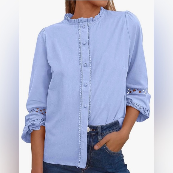 Kinundo Tops - Light Blue Peasant Embroidered Top | Long Sleeve & Buttons | Cotton | M | New